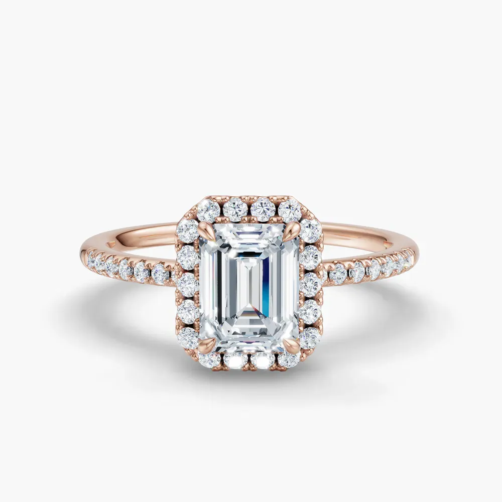 Certified 1 carat Lab Grown Diamond Emerald Cut Halo, Pavé, Classic Engagement Ring in 14K Rose Gold-Elite Vaelumette