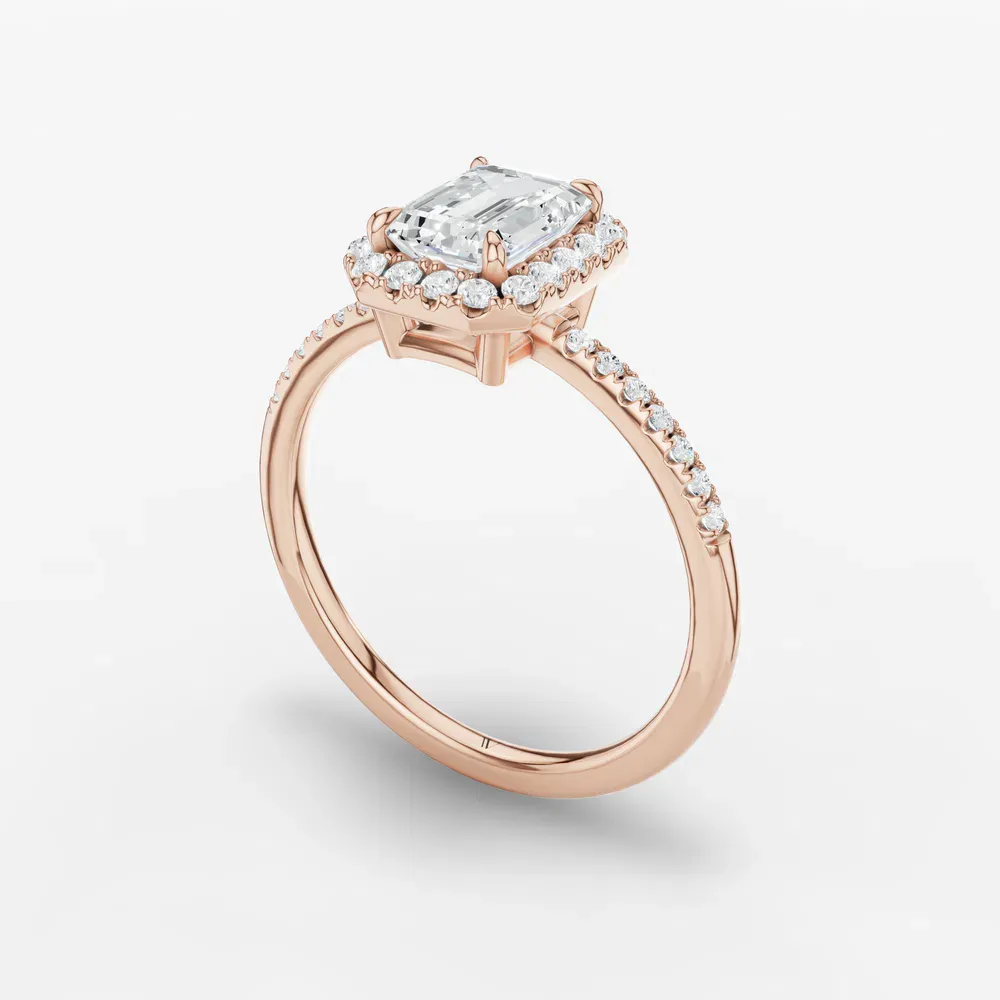 Certified 1 carat Lab Grown Diamond Emerald Cut Halo, Pavé, Classic Engagement Ring in 14K Rose Gold-Elite Vaelumette