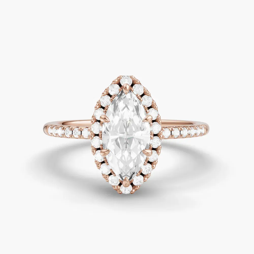 Certified 1 carat Lab Grown Diamond Marquise Cut Halo, Pavé, Classic Engagement Ring in 14K Rose Gold-Elite Vaelumette