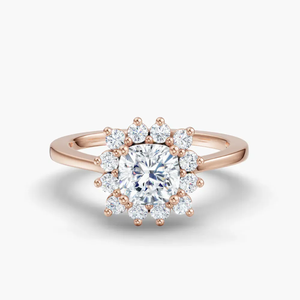 Certified 1 carat Lab Grown Diamond Cushion Cut Cathedral, Halo, Floral Engagement Ring in 14K Rose Gold-Juncb