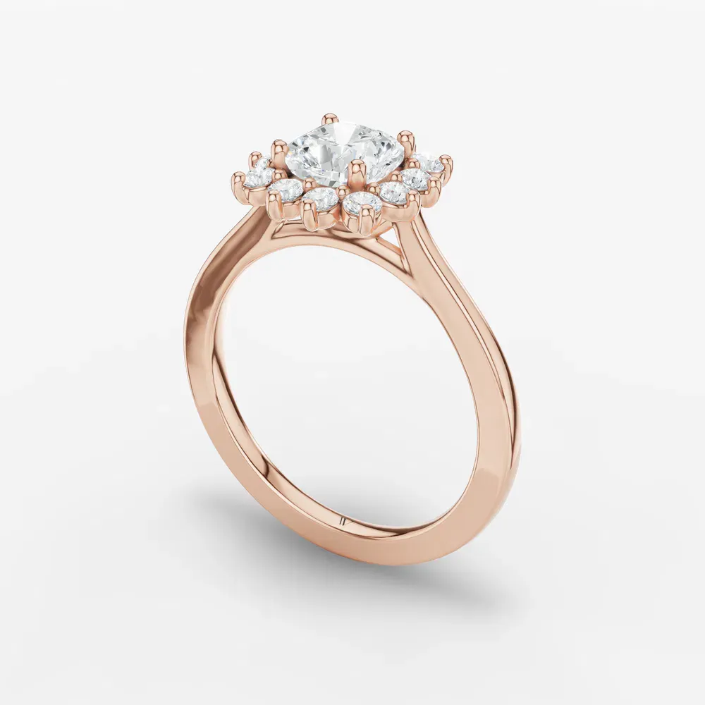 Certified 1 carat Lab Grown Diamond Cushion Cut Cathedral, Halo, Floral Engagement Ring in 14K Rose Gold-Juncb