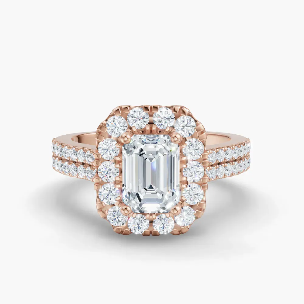 Certified 1 carat Lab Grown Diamond Emerald Cut Pavé, Halo, Cathedral Engagement Ring in 14K Rose Gold-Maelis