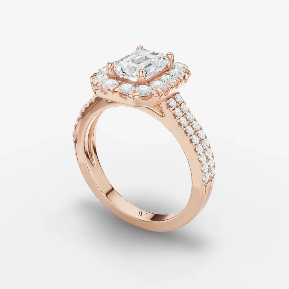 Certified 1 carat Lab Grown Diamond Emerald Cut Pavé, Halo, Cathedral Engagement Ring in 14K Rose Gold-Maelis