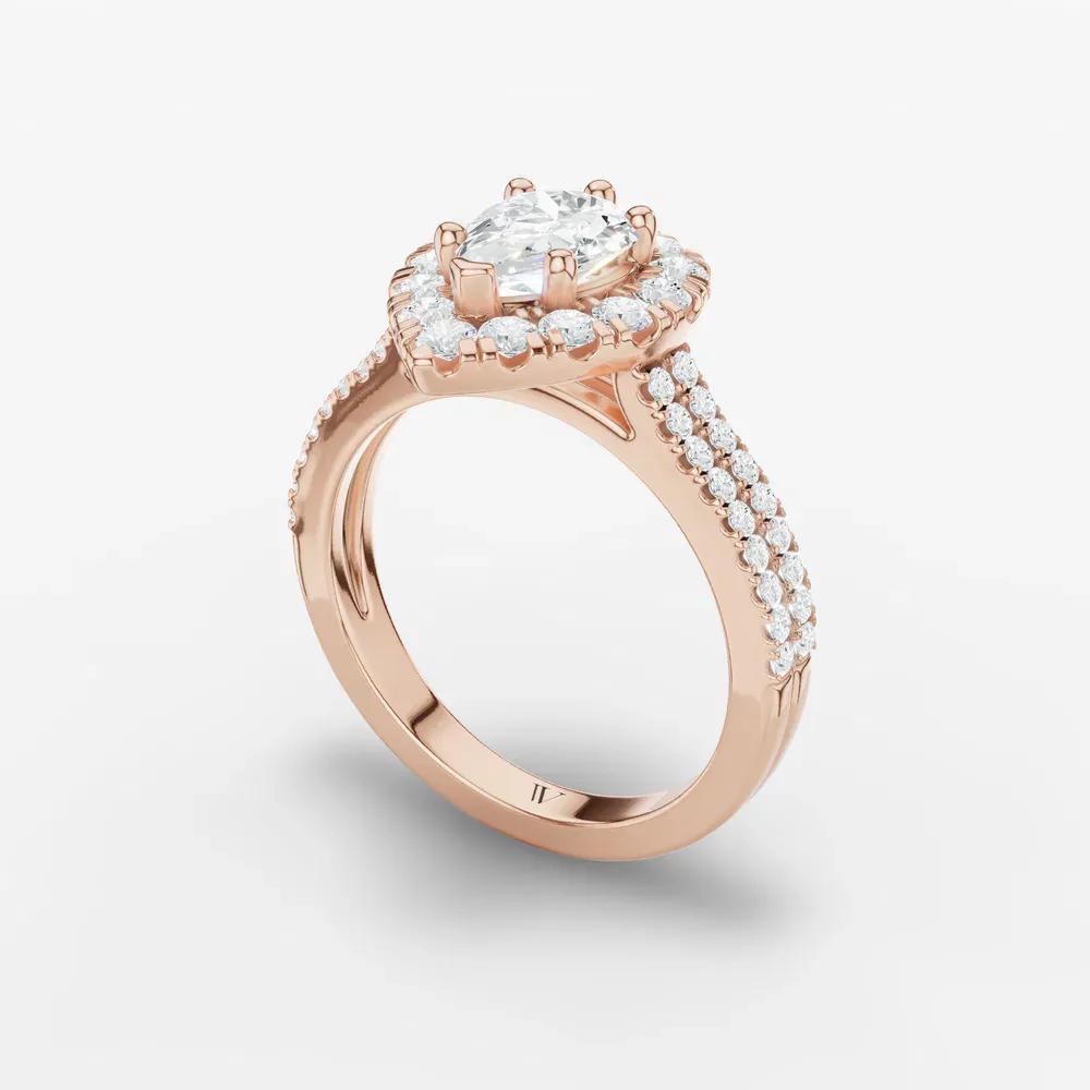 Certified 1 carat Lab Grown Diamond Pear Cut Pavé, Halo, Cathedral Engagement Ring in 14K Rose Gold-Maelis