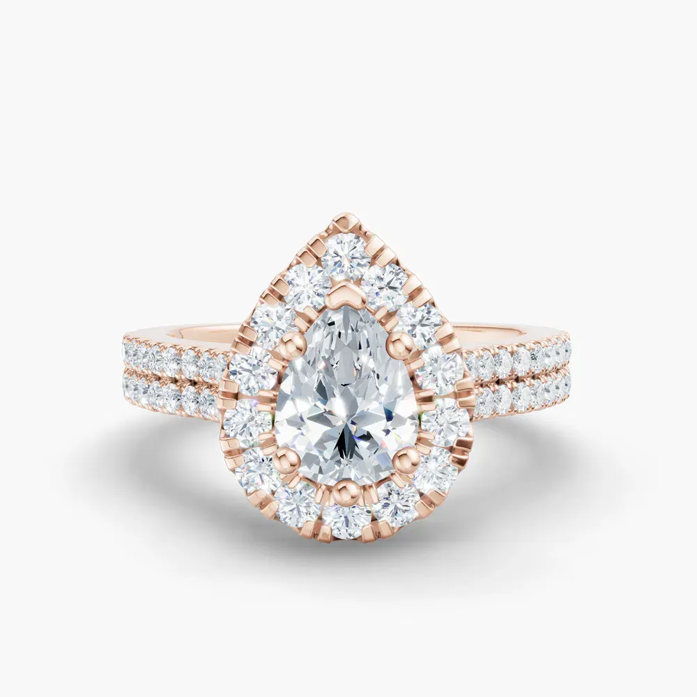 Certified 1 carat Lab Grown Diamond Pear Cut Pavé, Halo, Cathedral Engagement Ring in 14K Rose Gold-Maelis