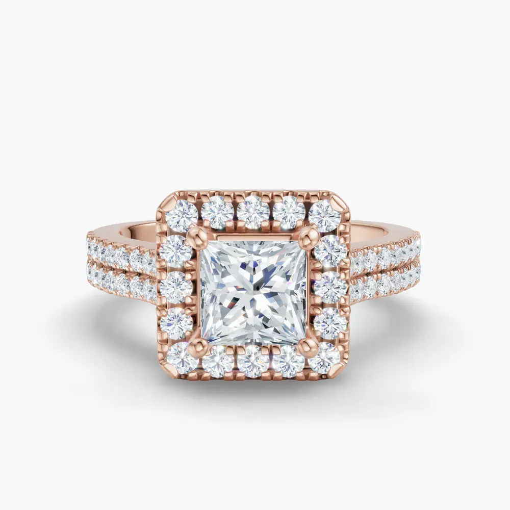 Certified 1 carat Lab Grown Diamond Princess Cut Pavé, Halo, Cathedral Engagement Ring in 14K Rose Gold-Maelis