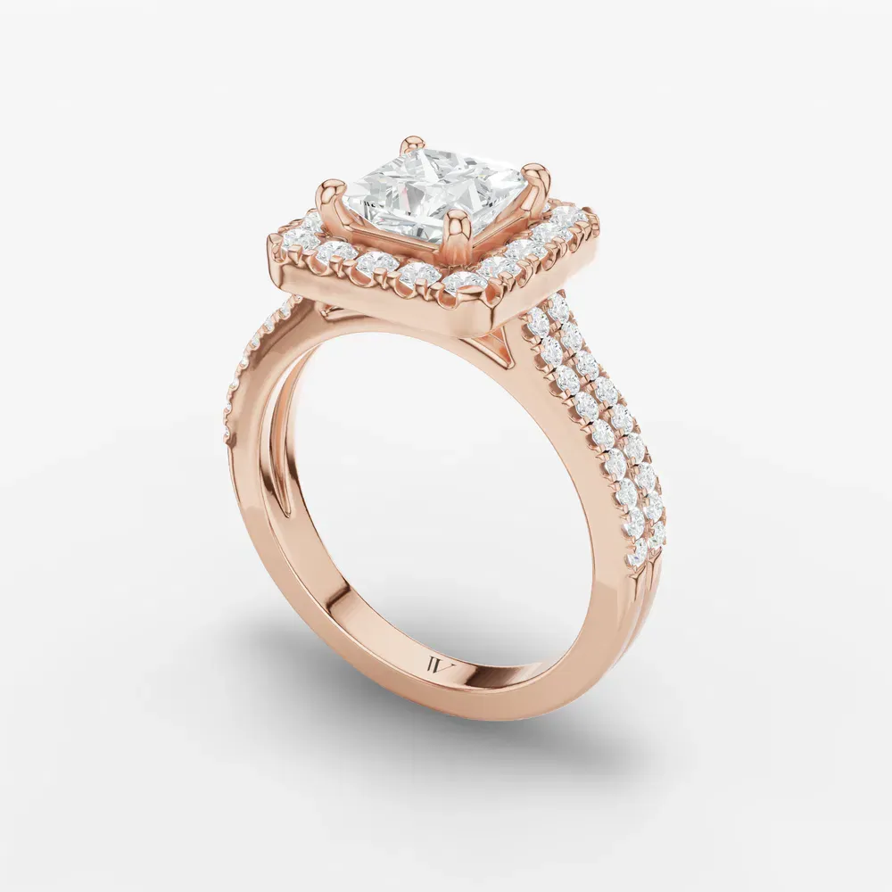 Certified 1 carat Lab Grown Diamond Princess Cut Pavé, Halo, Cathedral Engagement Ring in 14K Rose Gold-Maelis