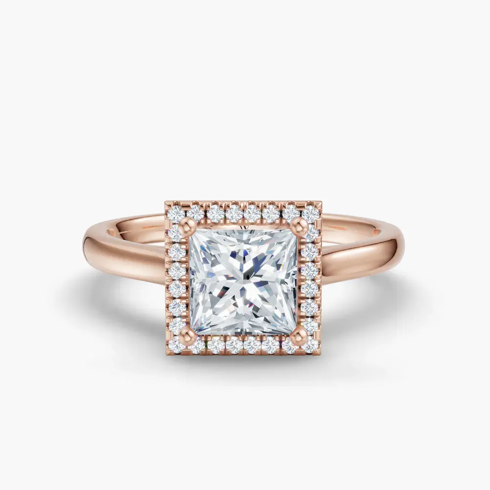 Certified 1 carat Lab Grown Diamond Princess Cut Halo, Cathedral Engagement Ring in 14K Rose Gold-Pejr