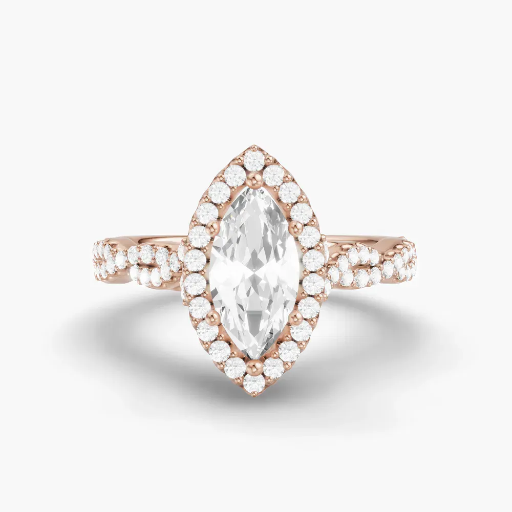 Certified 1 carat Lab Grown Diamond Marquise Cut Halo, Pavé, Twist Engagement Ring in 14K Rose Gold-Meraki