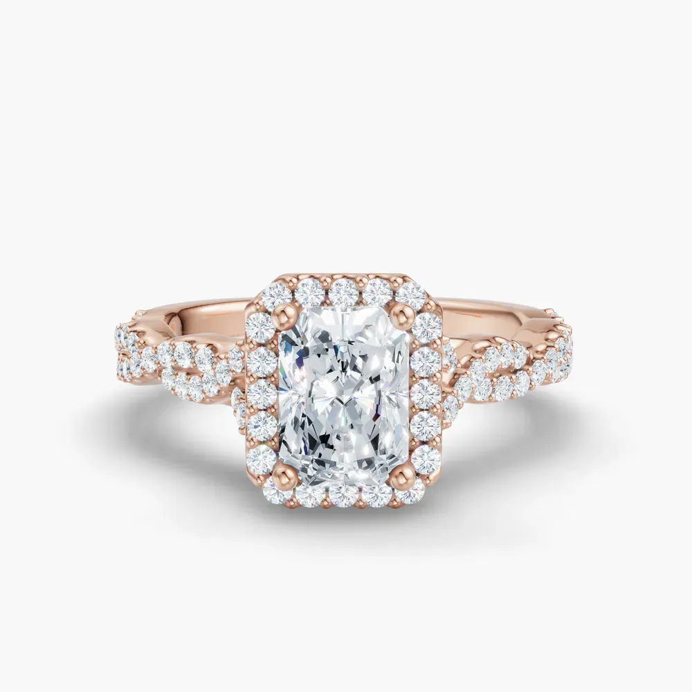 Certified 1 carat Lab Grown Diamond Radiant Cut Halo, Pavé, Twist Engagement Ring in 14K Rose Gold-Meraki