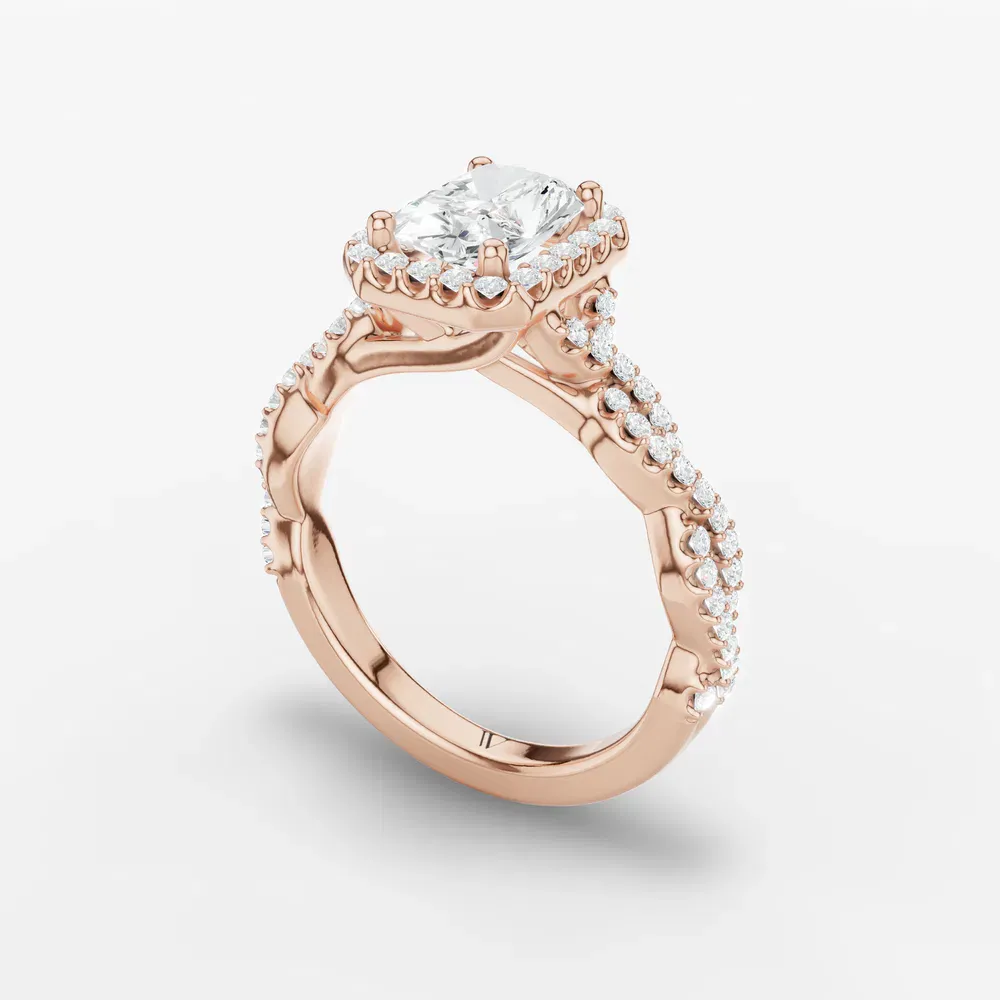 Certified 1 carat Lab Grown Diamond Radiant Cut Halo, Pavé, Twist Engagement Ring in 14K Rose Gold-Meraki