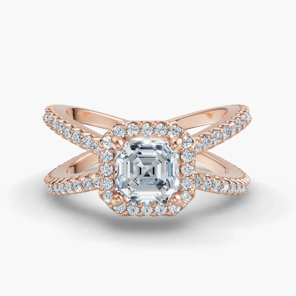 Certified 1 carat Lab Grown Diamond Asscher Cut Pavé, Halo, Split Shank Engagement Ring in 14K Rose Gold-Xylius
