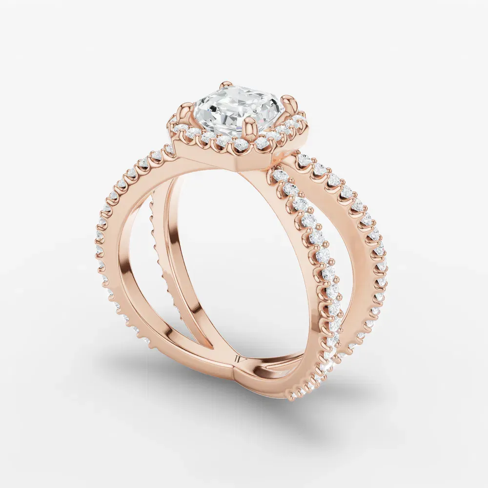 Certified 1 carat Lab Grown Diamond Asscher Cut Pavé, Halo, Split Shank Engagement Ring in 14K Rose Gold-Xylius