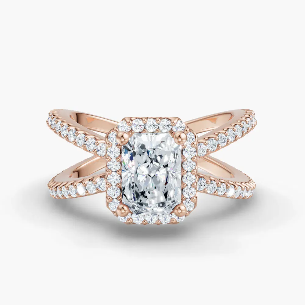 Certified 1 carat Lab Grown Diamond Radiant Cut Pavé, Halo, Split Shank Engagement Ring in 14K Rose Gold-Xylius