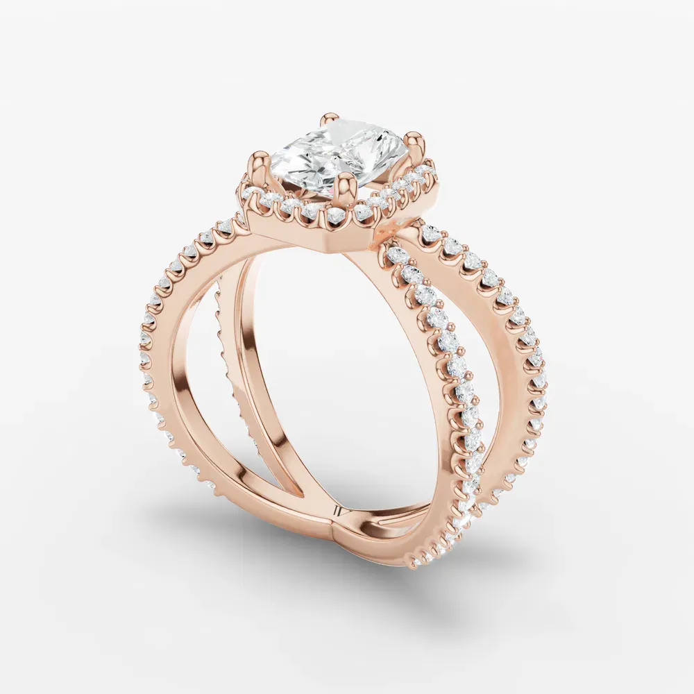 Certified 1 carat Lab Grown Diamond Radiant Cut Pavé, Halo, Split Shank Engagement Ring in 14K Rose Gold-Xylius