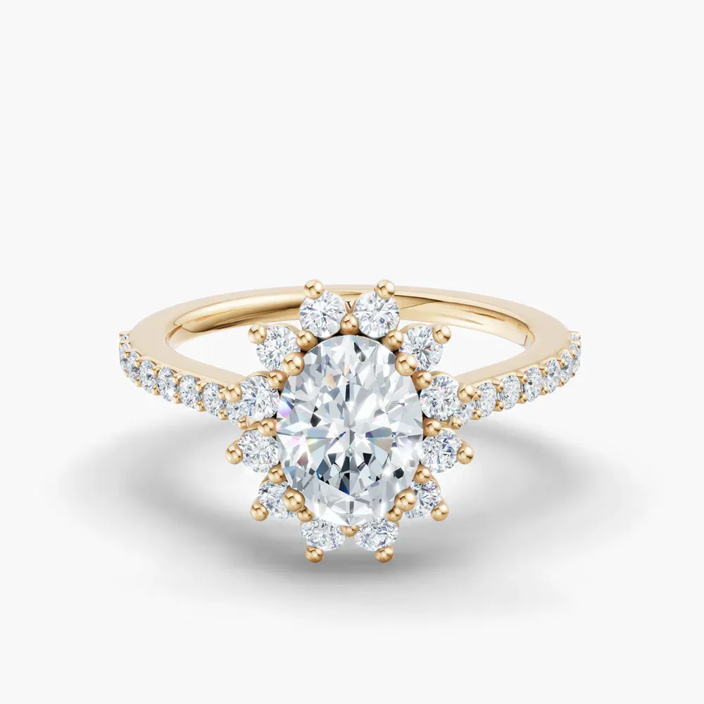 Certified 1 carat Lab Grown Diamond Oval Cut Pavé, Halo, Floral Engagement Ring in 14K Yellow Gold-Elite Juniper