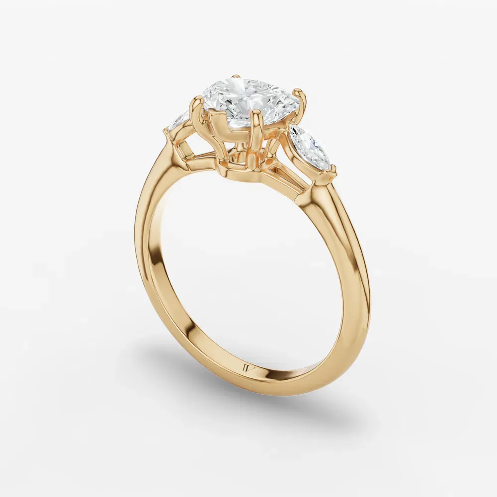 Certified 1 carat Lab Grown Diamond Heart Cut Three Stone, Side Stone Engagement Ring in 14K Yellow Gold-Glow