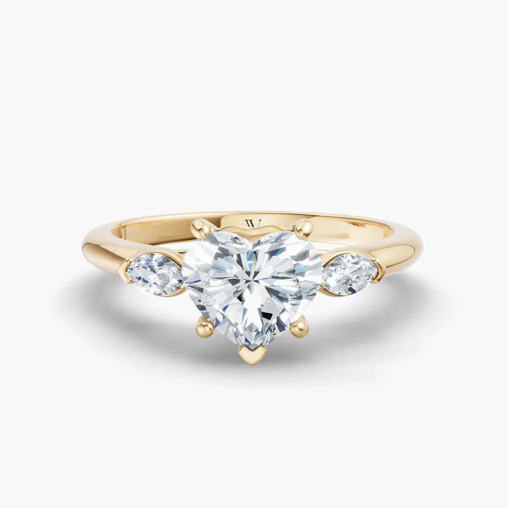 Certified 1 carat Lab Grown Diamond Heart Cut Three Stone, Side Stone Engagement Ring in 14K Yellow Gold-Glow