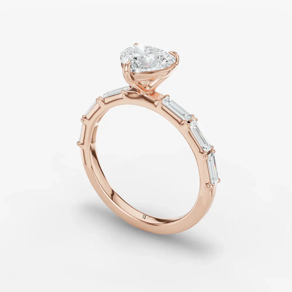 Certified 1 carat Lab Grown Diamond Heart Cut Baguette, Side Stone Engagement Ring in 14K Rose Gold-Lunark