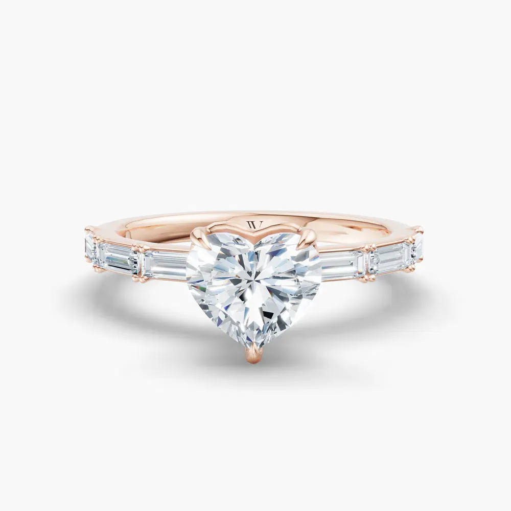 Certified 1 carat Lab Grown Diamond Heart Cut Baguette, Side Stone Engagement Ring in 14K Rose Gold-Lunark