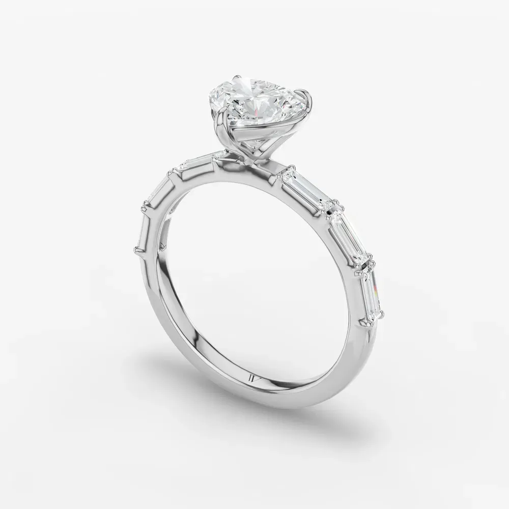 Certified 1 carat Lab Grown Diamond Heart Cut Baguette, Side Stone Engagement Ring in 14K White Gold-Lunark