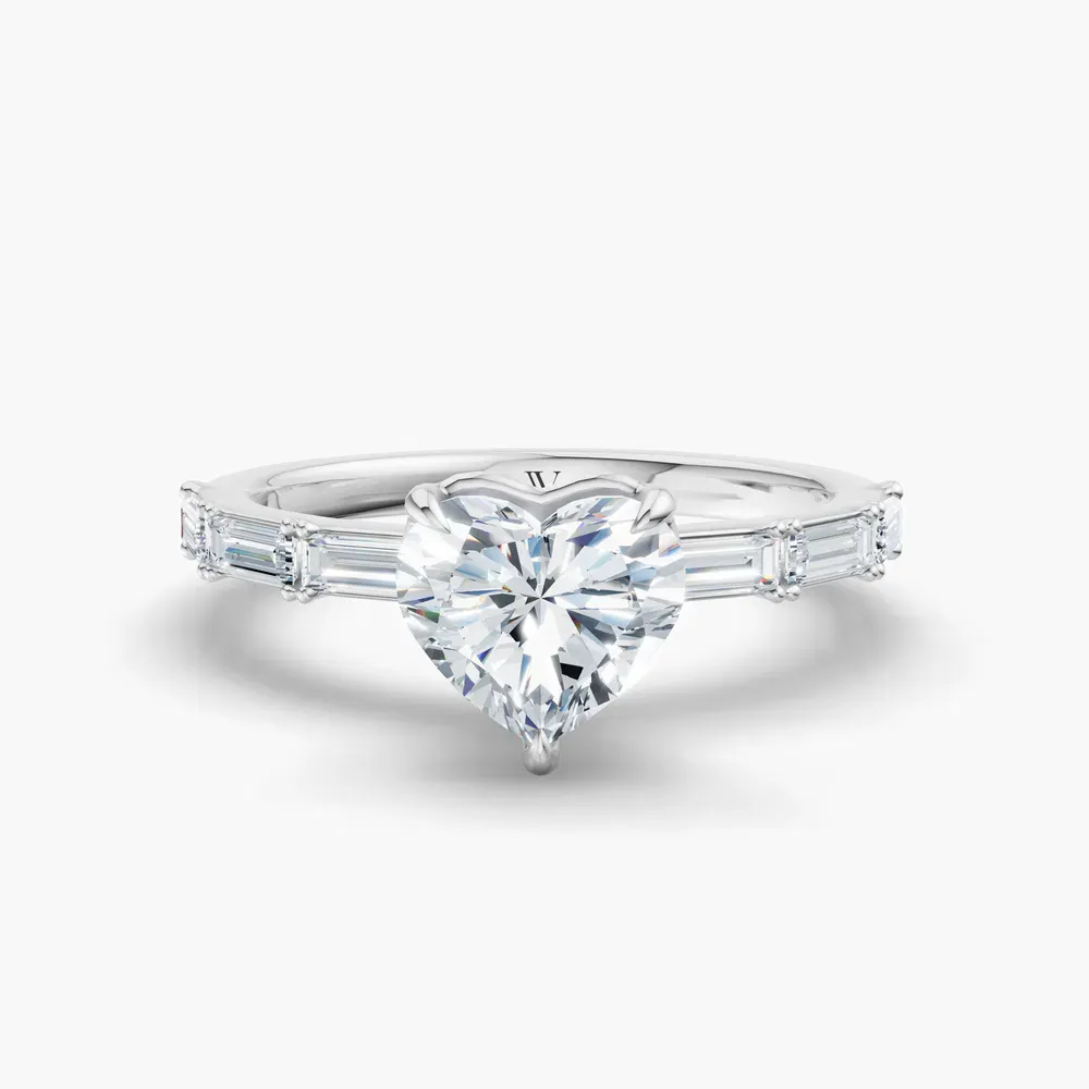 Certified 1 carat Lab Grown Diamond Heart Cut Baguette, Side Stone Engagement Ring in 14K White Gold-Lunark