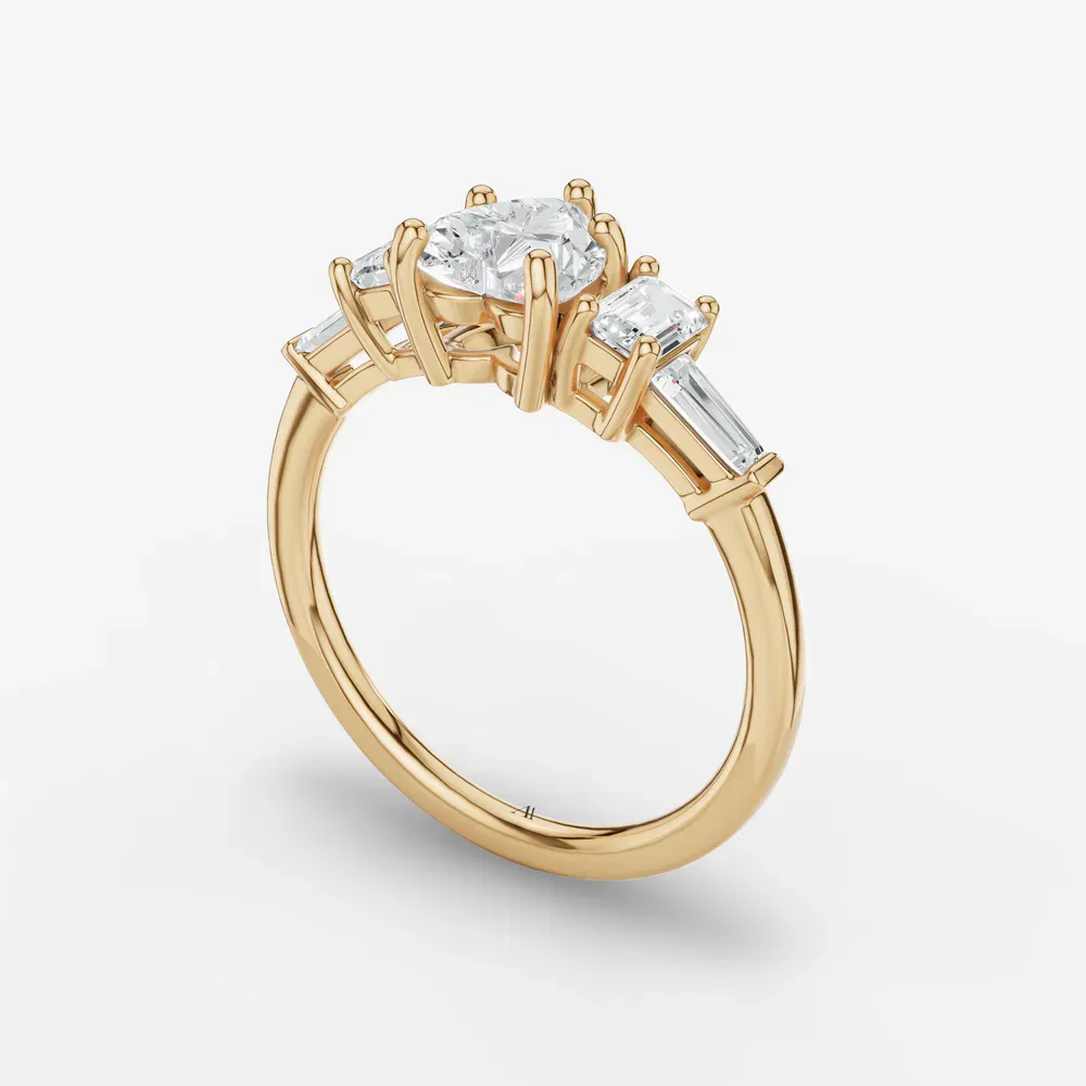 Certified 1 carat Lab Grown Diamond Heart Cut Five Stone, Baguette, Art Deco Engagement Ring in 14K Yellow Gold-Olume