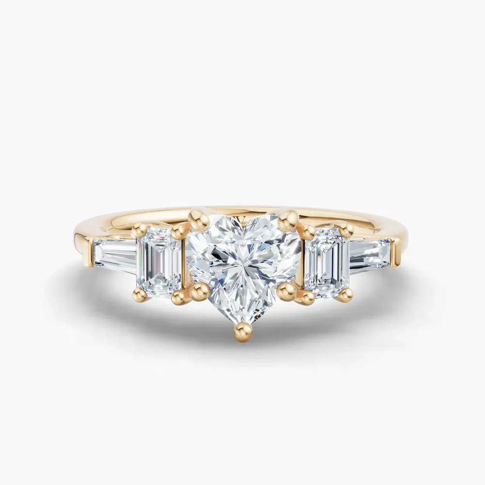Certified 1 carat Lab Grown Diamond Heart Cut Five Stone, Baguette, Art Deco Engagement Ring in 14K Yellow Gold-Olume