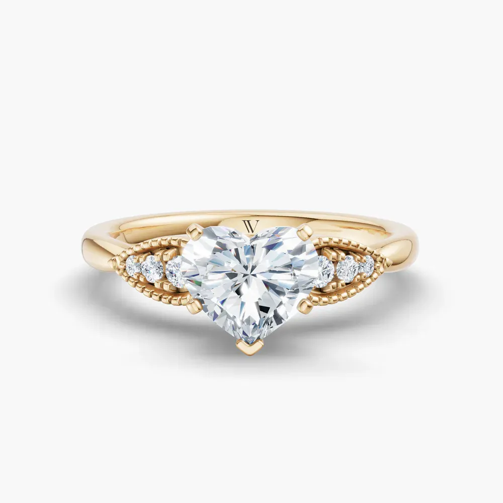 Certified 1 carat Lab Grown Diamond Heart Cut Milgrain, Vintage, Side Stone Engagement Ring in 14K Yellow Gold-Yerlin