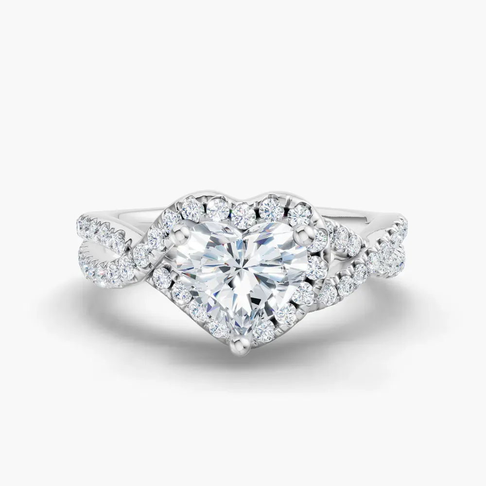 Certified 1 carat Lab Grown Diamond Heart Cut Unique, Pavé, Halo Engagement Ring in 14K White Gold-Stellune