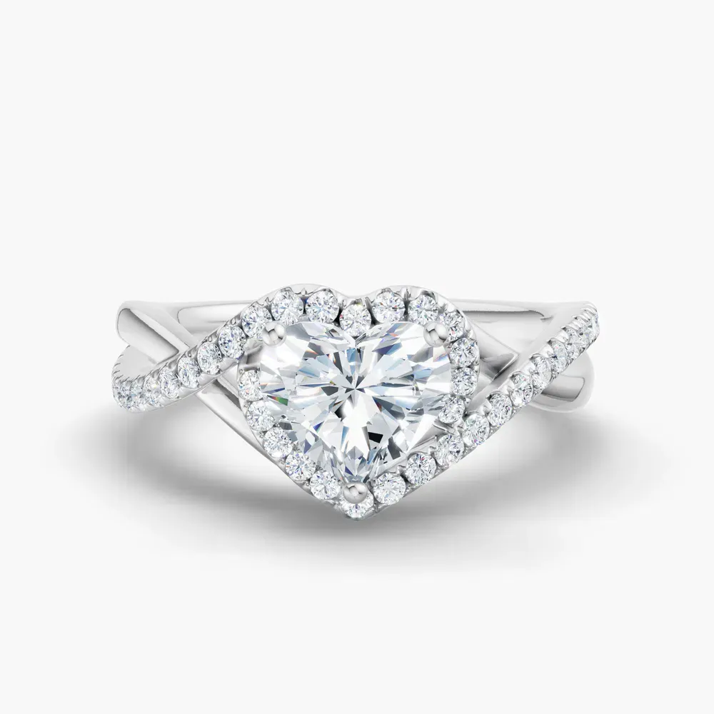 Certified 1 carat Lab Grown Diamond Heart Cut Halo, Pavé, Twist Engagement Ring in 14K White Gold-Dell