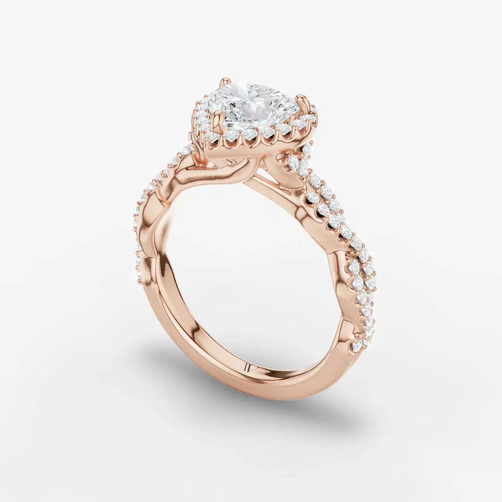 Certified 1 carat Lab Grown Diamond Heart Cut Halo, Pavé, Twist Engagement Ring in 14K Rose Gold-Meraki