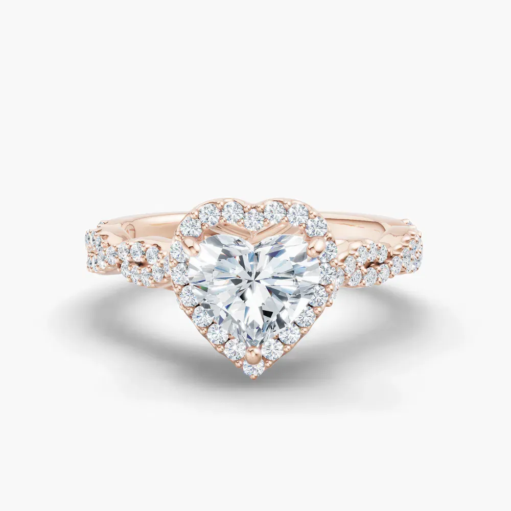 Certified 1 carat Lab Grown Diamond Heart Cut Halo, Pavé, Twist Engagement Ring in 14K Rose Gold-Meraki