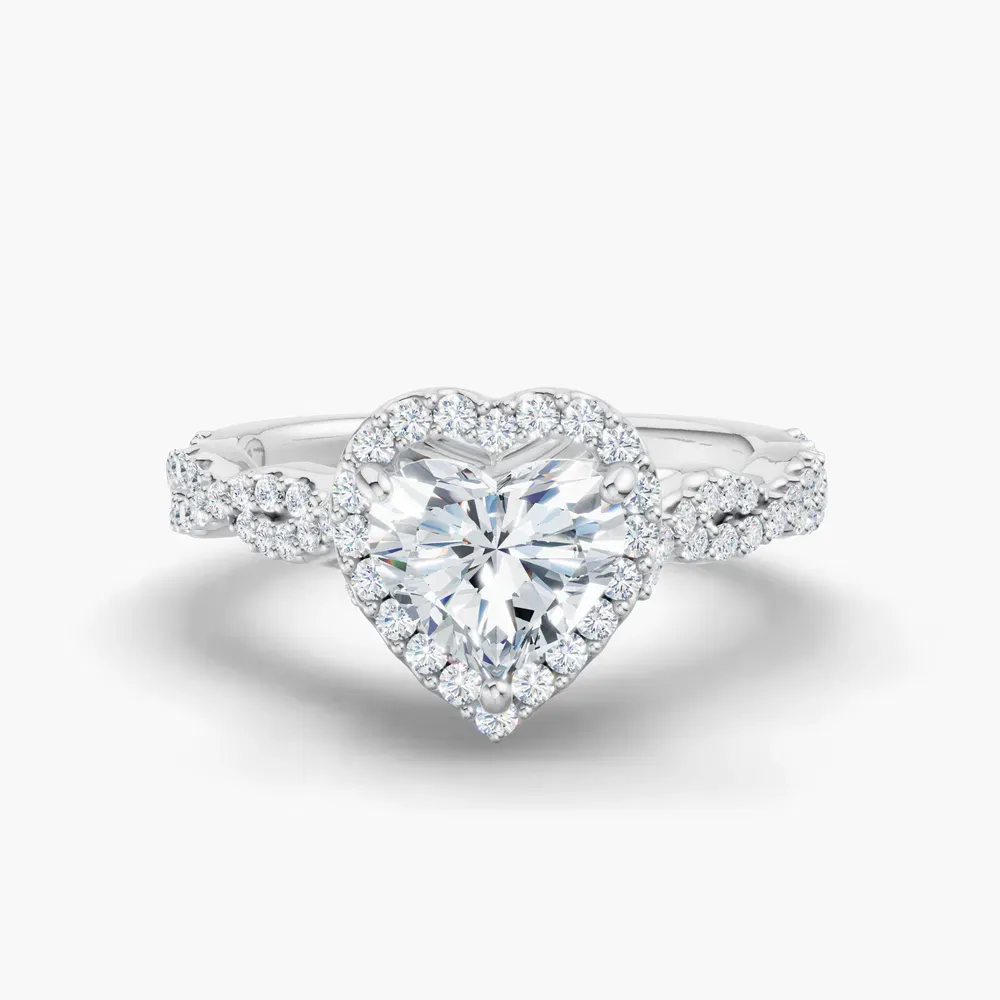 Certified 1 carat Lab Grown Diamond Heart Cut Halo, Pavé, Twist Engagement Ring in 14K White Gold-Meraki