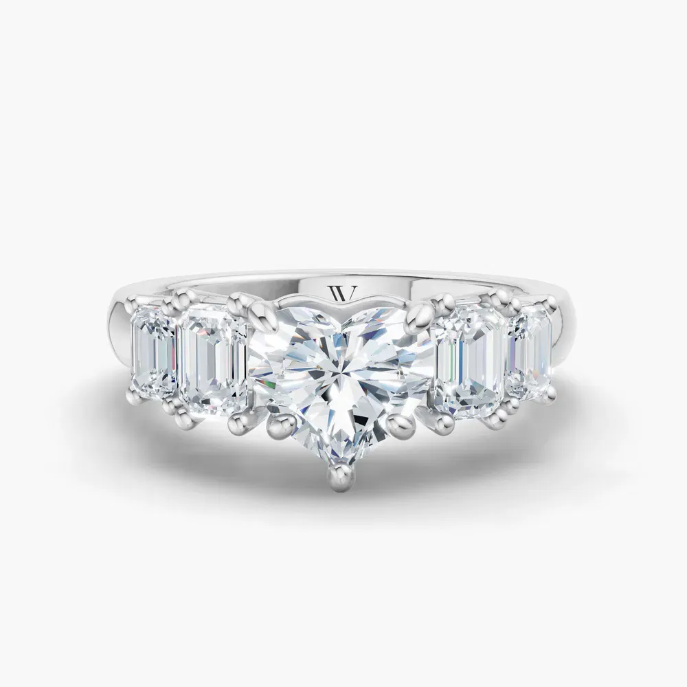 Certified 1 carat Lab Grown Diamond Heart Cut Five Stone, Side Stone Engagement Ring in 14K White Gold-Osvh