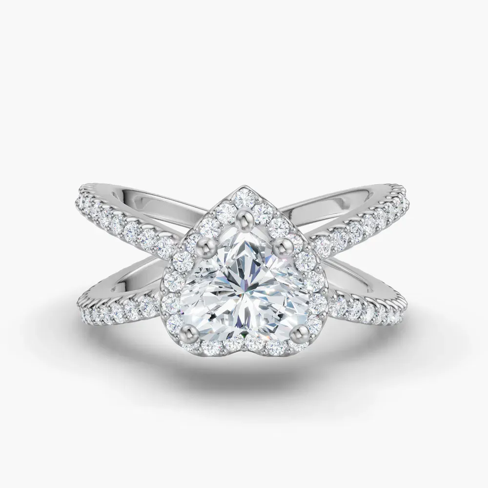 Certified 1 carat Lab Grown Diamond Heart Cut Pavé, Halo, Split Shank Engagement Ring in 14K White Gold-Xylius
