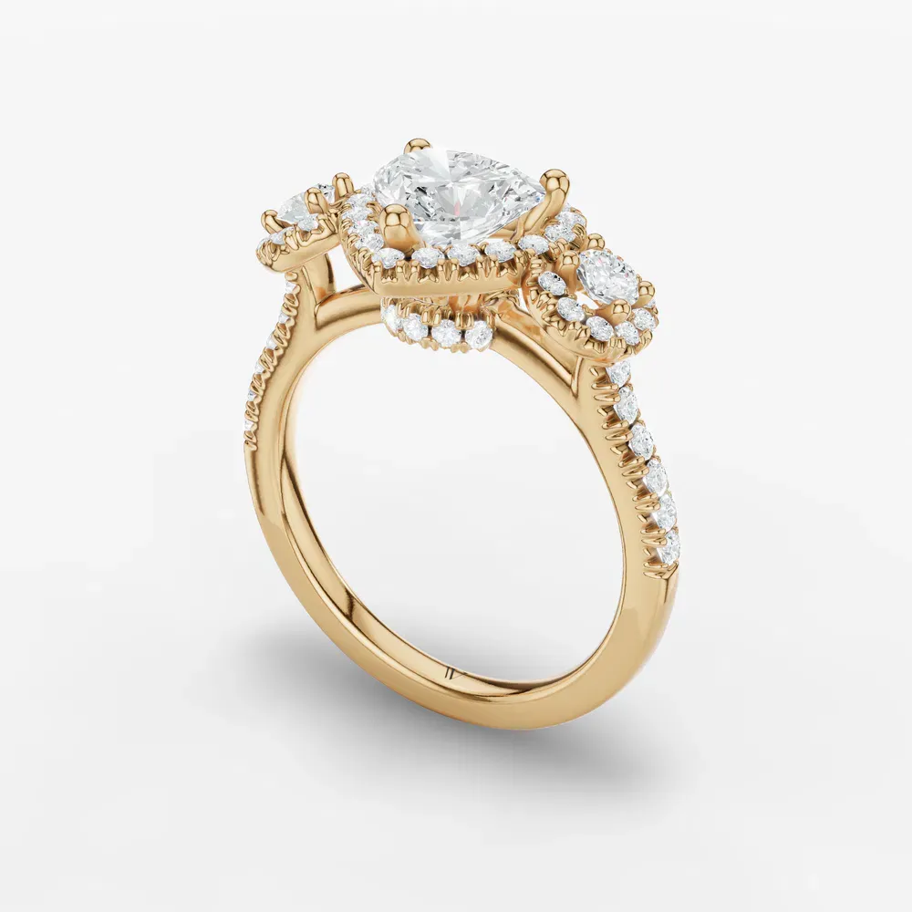 Certified 1 carat Lab Grown Diamond Heart Cut Three Stone, Halo, Hidden Halo Engagement Ring in 14K Yellow Gold-Hylor