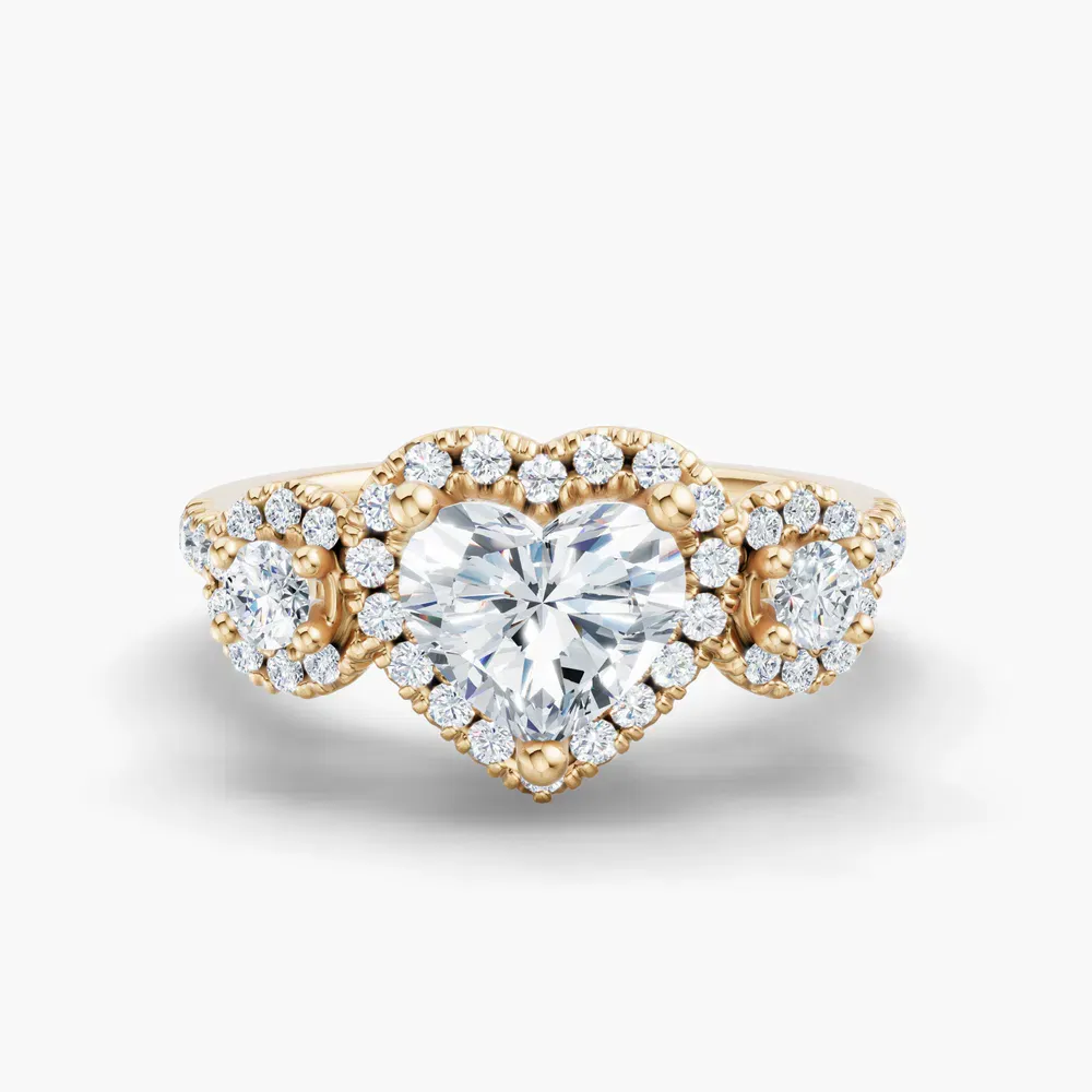 Certified 1 carat Lab Grown Diamond Heart Cut Three Stone, Halo, Hidden Halo Engagement Ring in 14K Yellow Gold-Hylor