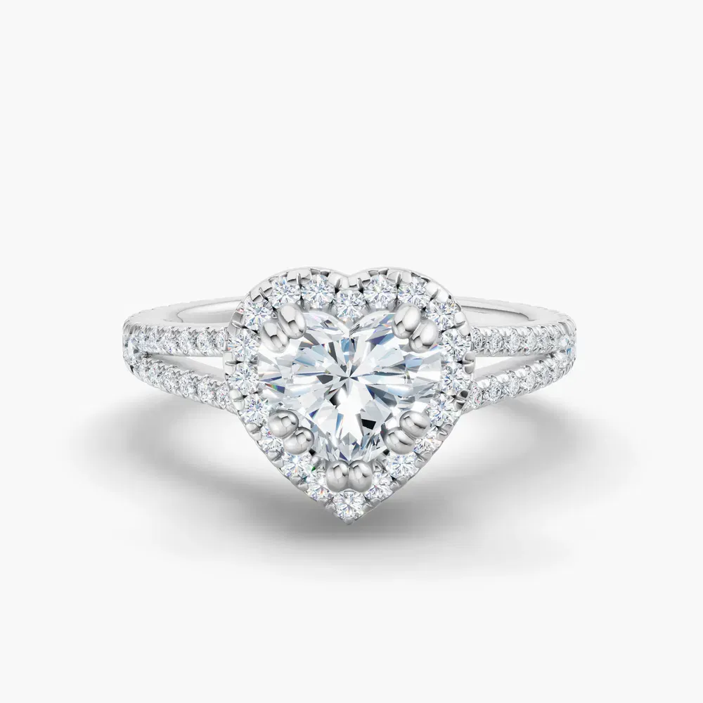 Certified 1 carat Lab Grown Diamond Heart Cut Pavé, Halo, Cathedral Engagement Ring in 14K White Gold-Gexis