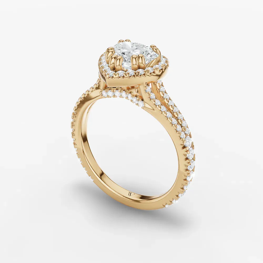 Certified 1 carat Lab Grown Diamond Heart Cut Pavé, Halo, Cathedral Engagement Ring in 14K Yellow Gold-Gexis