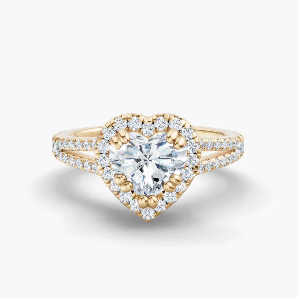 Certified 1 carat Lab Grown Diamond Heart Cut Pavé, Halo, Cathedral Engagement Ring in 14K Yellow Gold-Gexis