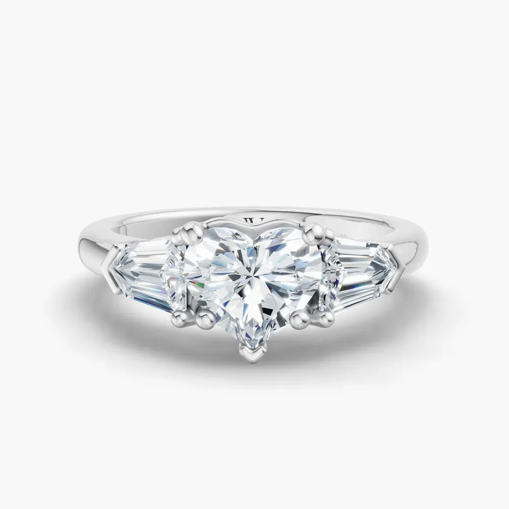 Certified 1 carat Lab Grown Diamond Heart Cut Three Stone, Side Stone Engagement Ring in 14K White Gold-Lyris