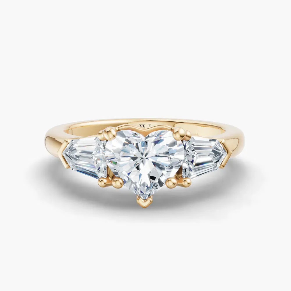 Certified 1 carat Lab Grown Diamond Heart Cut Three Stone, Side Stone Engagement Ring in 14K Yellow Gold-Lyris