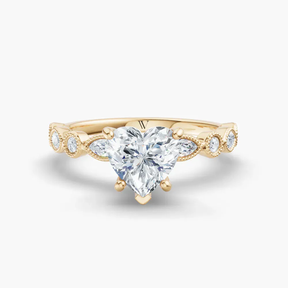 Certified 1 carat Lab Grown Diamond Heart Cut Vintage, Milgrain, Side Stone Engagement Ring in 14K Yellow Gold-Sior