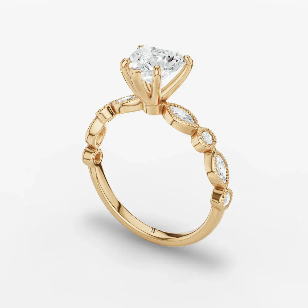 Certified 1 carat Lab Grown Diamond Heart Cut Vintage, Milgrain, Side Stone Engagement Ring in 14K Yellow Gold-Sior