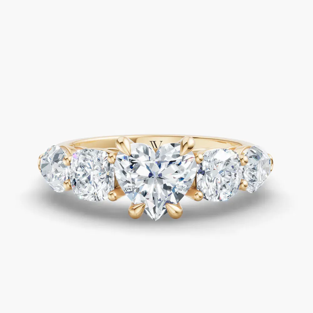 Certified 1 carat Lab Grown Diamond Heart Cut Five Stone, Side Stone Engagement Ring in 14K Yellow Gold-Riva