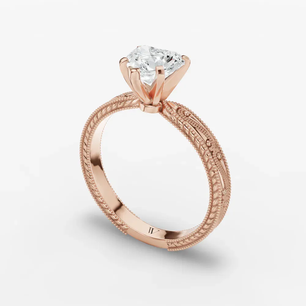 Certified 1 carat Lab Grown Diamond Heart Cut Solitaire, Milgrain, Vintage Engagement Ring in 14K Rose Gold-Lirae