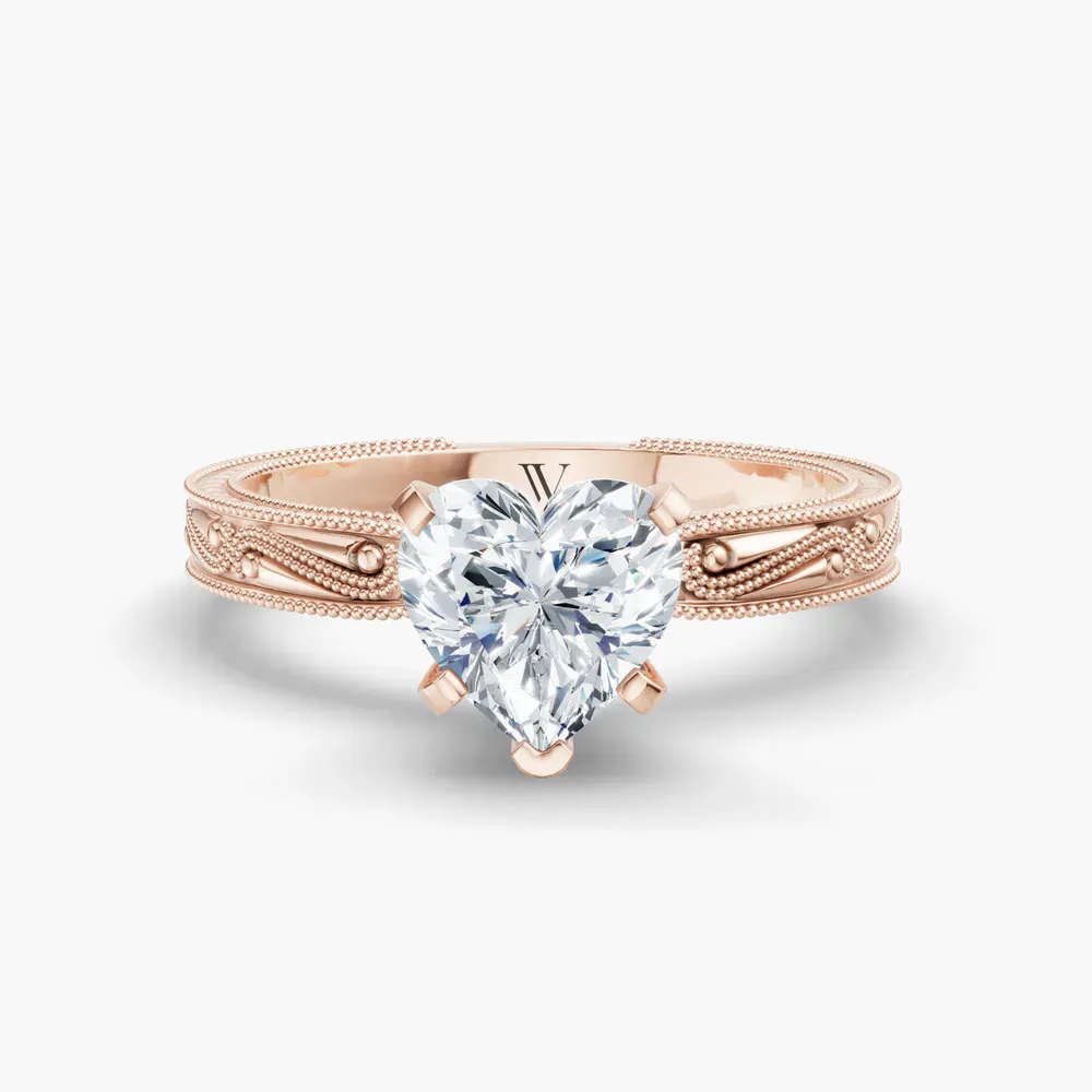 Certified 1 carat Lab Grown Diamond Heart Cut Solitaire, Milgrain, Vintage Engagement Ring in 14K Rose Gold-Lirae