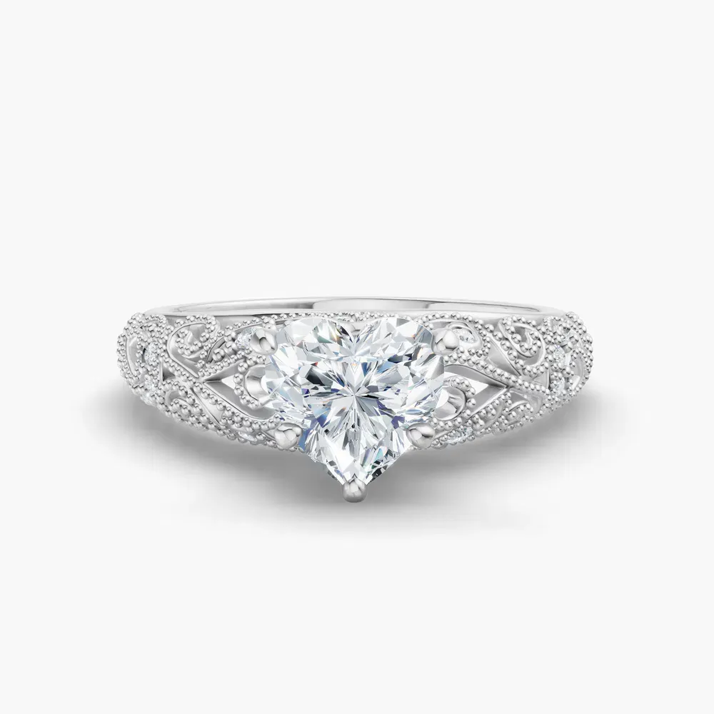 Certified 1 carat Lab Grown Diamond Heart Cut Vintage, Milgrain, Filigree Engagement Ring in 14K White Gold-Jaxen