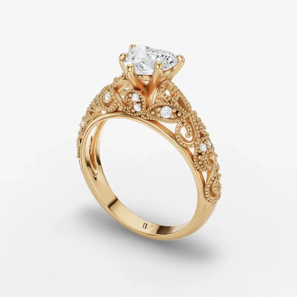 Certified 1 carat Lab Grown Diamond Heart Cut Vintage, Milgrain, Filigree Engagement Ring in 14K Yellow Gold-Jaxen